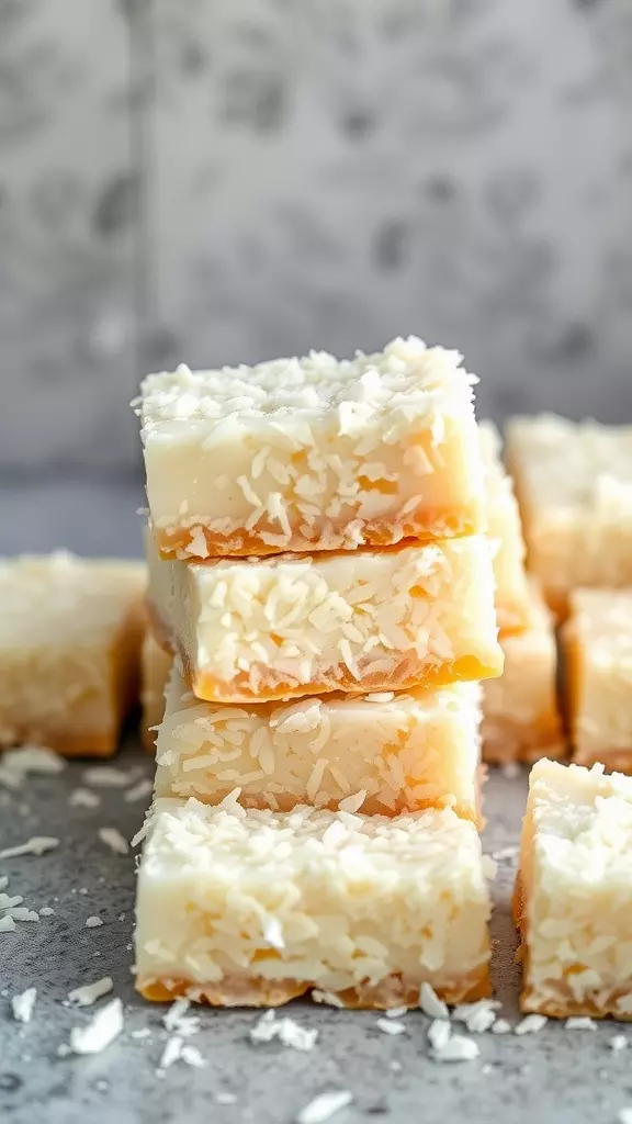 Stack of coconut 2-ingredient dessert bars with shredded coconut on top