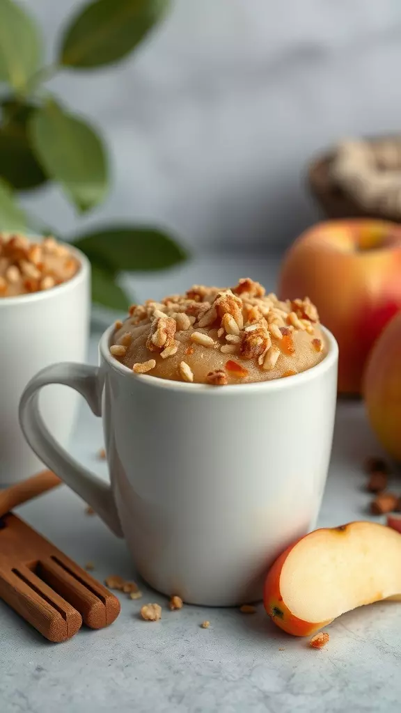 A delicious mug of apple pie crunch topped with oats and surrounded by fresh apples.