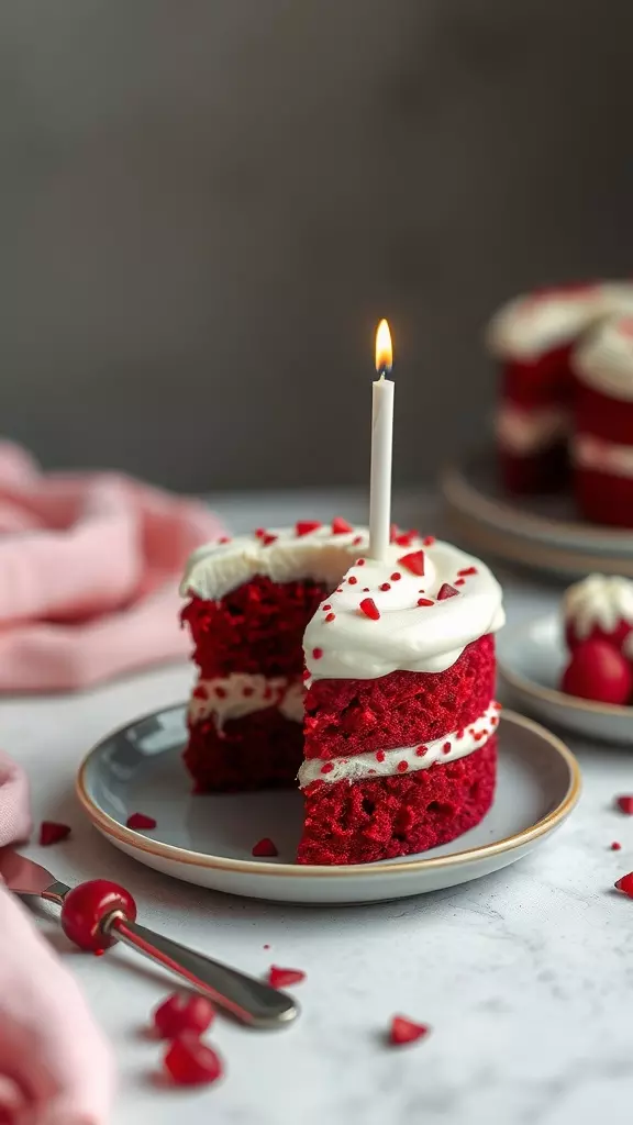 A slice of red velvet cake with a candle on top, surrounded by heart-shaped sprinkles