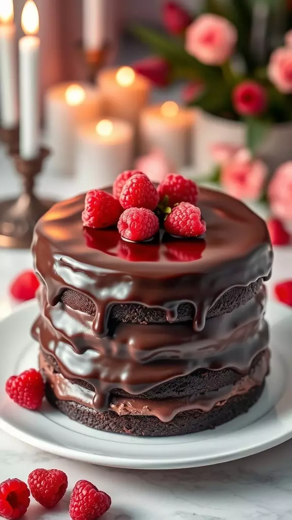 This three-layer chocolate cake is a decadent masterpiece, boasting layers of moist, rich chocolate goodness complemented by a luscious chocolate ganache. Topped with fresh raspberries, it offers a delightful burst of freshness that perfectly balances the cake's sweet, indulgent flavor.