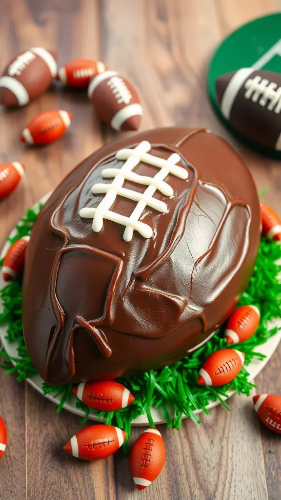 This football cake features a moist and fluffy chocolate base, perfectly shaped to resemble a football. The deep chocolate frosting is smooth and creamy, providing a satisfying contrast to the soft cake. Each slice delivers a delightful burst of chocolate flavor that will leave everyone wanting more.