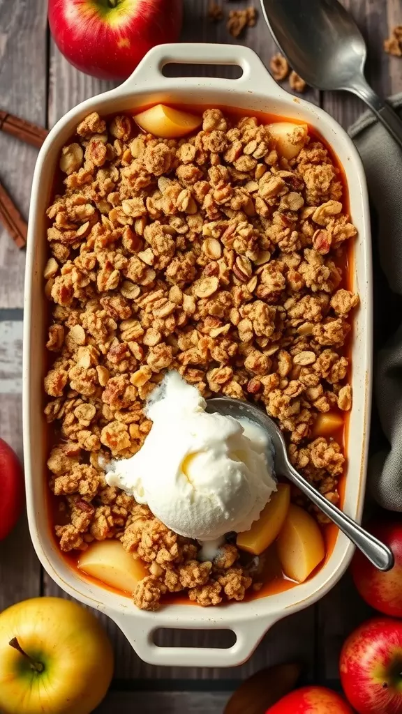 This apple crisp features juicy, spiced apples baked under a golden, crumbly topping that’s both sweet and slightly nutty from the oats. It's a comforting dish that pairs beautifully with ice cream, making it a delicious treat for any occasion.