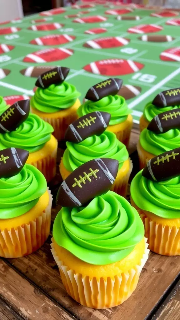 These football cupcakes are a delightful combination of rich chocolate cake and sweet green frosting. Each bite is a perfect blend of softness and sweetness, making them a fun treat for fans of all ages.