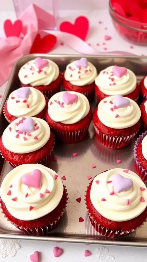 Red velvet cupcakes with cream cheese frosting and heart-shaped decorations on a festive table.