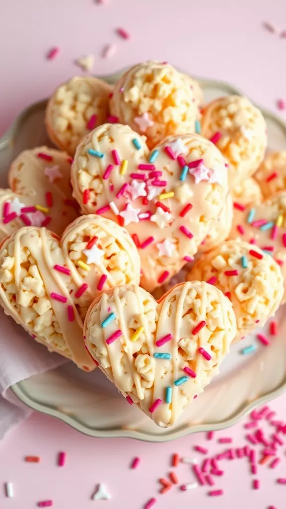 Heart-shaped Rice Krispie treats coated in vanilla candy and decorated with sprinkles on a pastel plate.