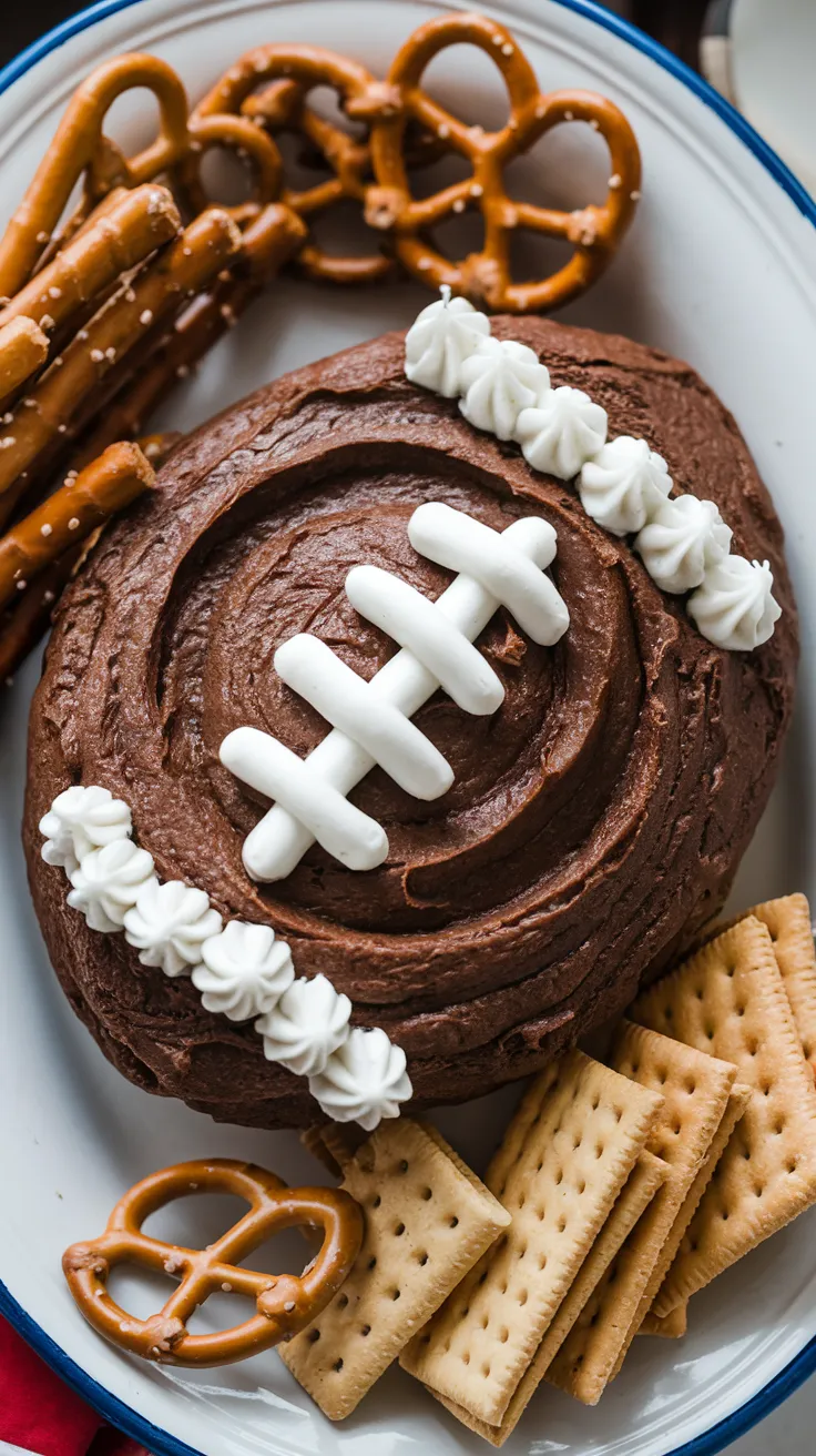 Get ready for a sweet treat this game day! This Snickers Brownie Batter Football Dip combines rich chocolate brownie batter with the iconic flavors of Snickers bars. Perfect for dipping pretzels or fruit, you can find the full recipe here and impress your friends with this fun dessert!