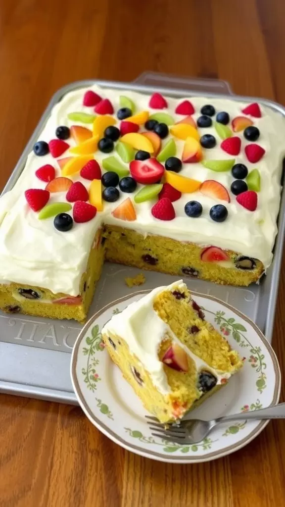 Fruit cocktail cake with frosting and fruit topping in a 9x13 baking pan, served on a wooden table.