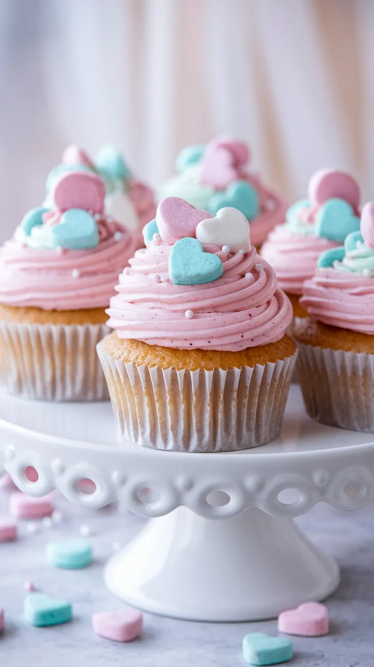 These Valentine's Day cupcakes are tender and moist, with a light and fluffy texture that pairs perfectly with a luscious layer of frosting. The addition of heart-shaped candies adds a delightful crunch and makes them irresistibly cute.