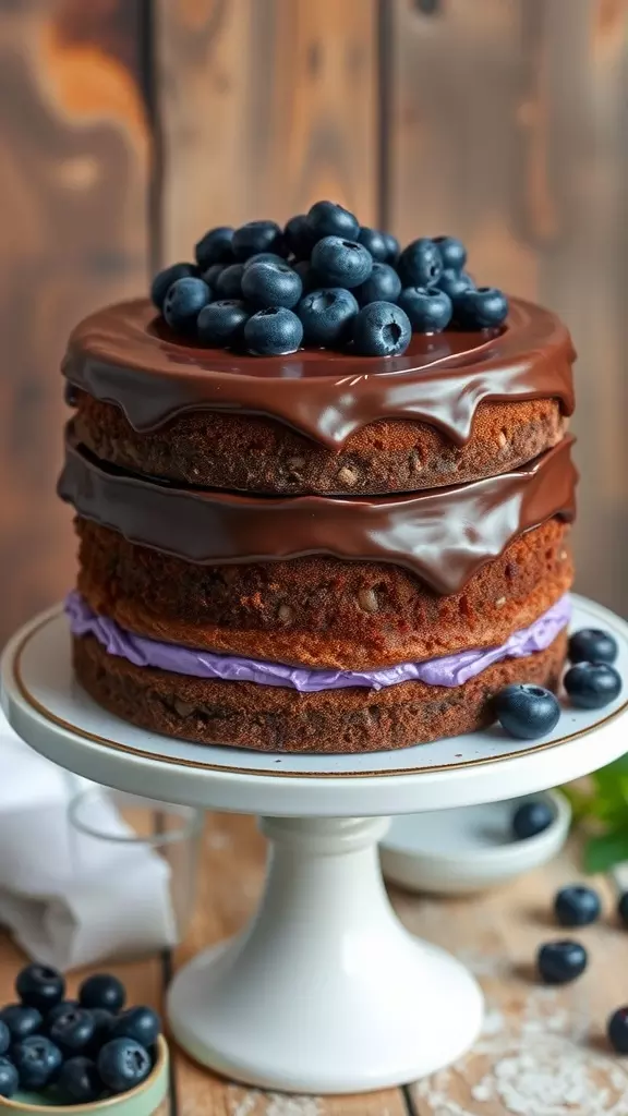 This chocolate blueberry cake is a luxurious dessert with rich chocolate layers that are soft and moist, layered with a sweet-tart blueberry frosting and covered in a smooth chocolate ganache. The combination of flavors creates a delightful contrast that is both satisfying and refreshing.