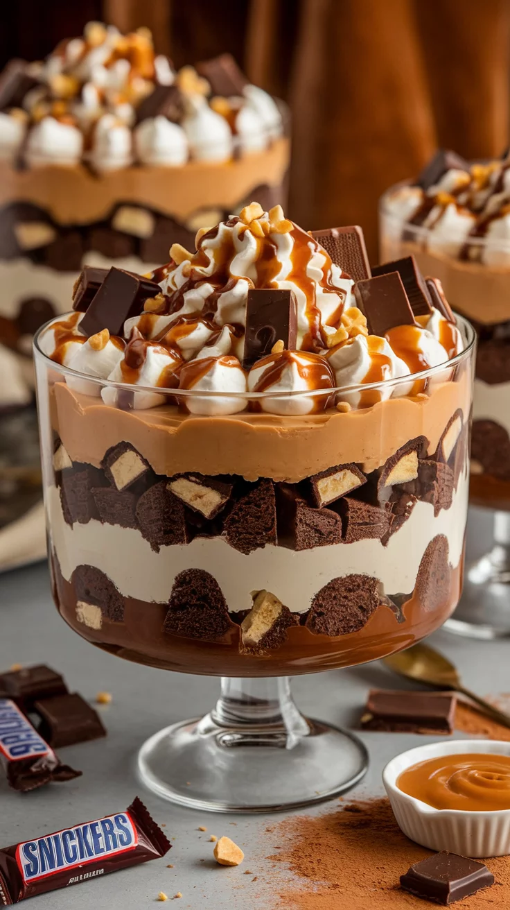 If you love Snickers bars, imagine all that chocolate, caramel, and peanut goodness layered into an easy, no-bake trifle! This Snickers Trifle Dessert is the perfect mix of rich chocolate cake, creamy peanut butter mousse, crunchy peanuts, and gooey caramel—all topped with fluffy whipped cream and extra Snickers chunks for good measure.