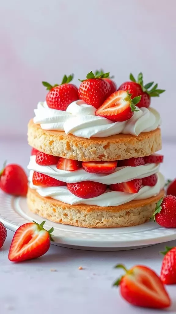 A stunning Japanese strawberry shortcake layered with sponge, whipped cream, and fresh strawberries on a plate.