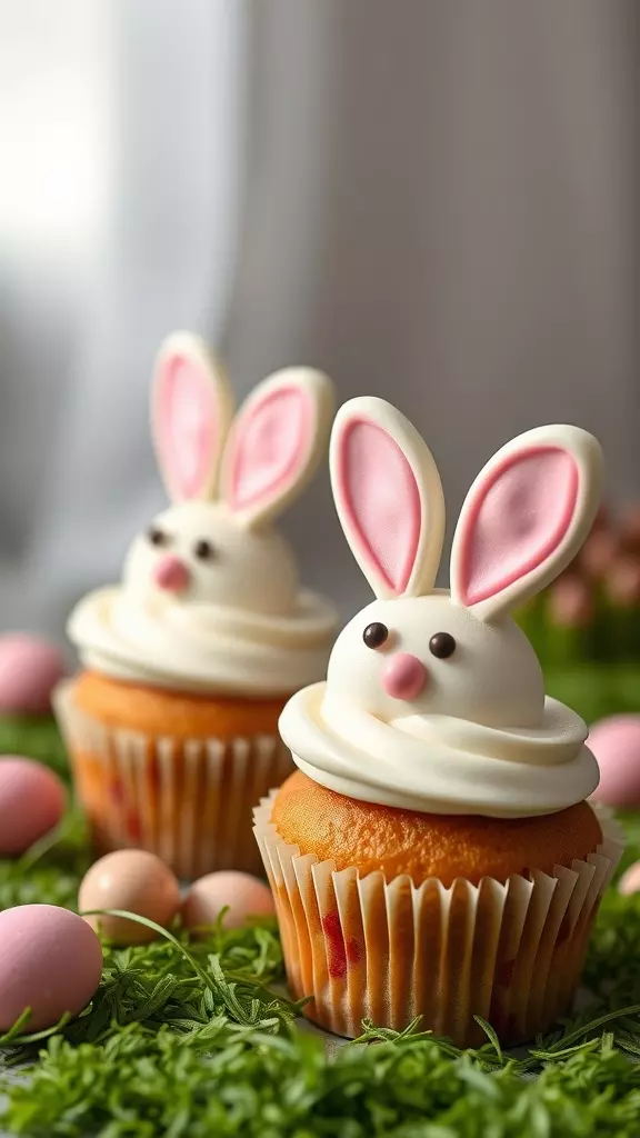 Two adorable bunny cupcakes with pink ears and candy noses on a bed of grass and Easter eggs.