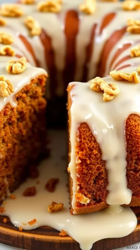 A close-up of a moist carrot cake drizzled with icing and topped with walnuts