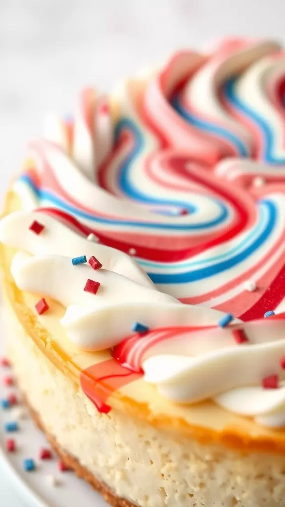 A colorful cheesecake decorated with red, white, and blue swirls and sprinkles