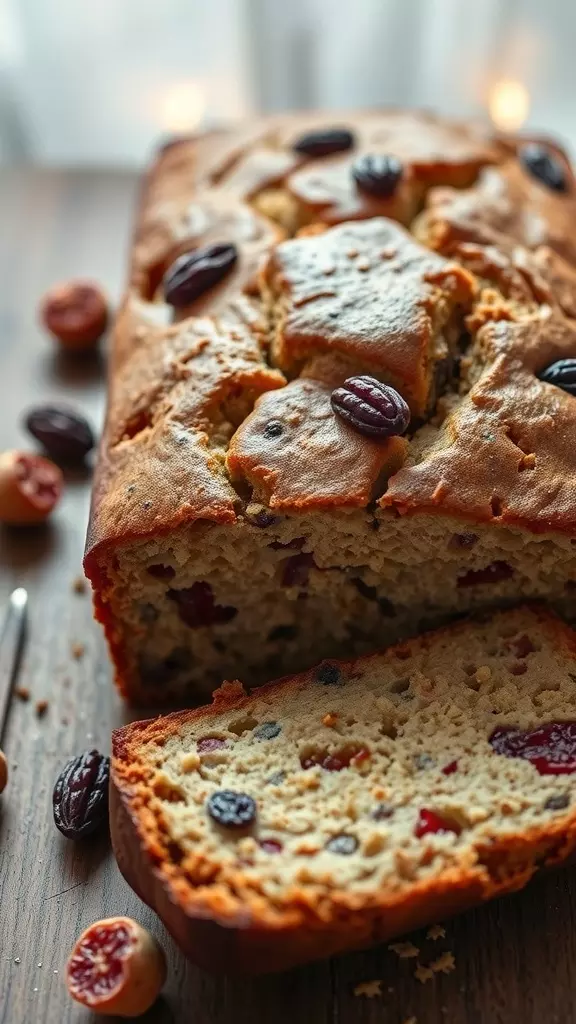 A sliced Air Fryer Tea Loaf with cranberries and nuts on a wooden table.