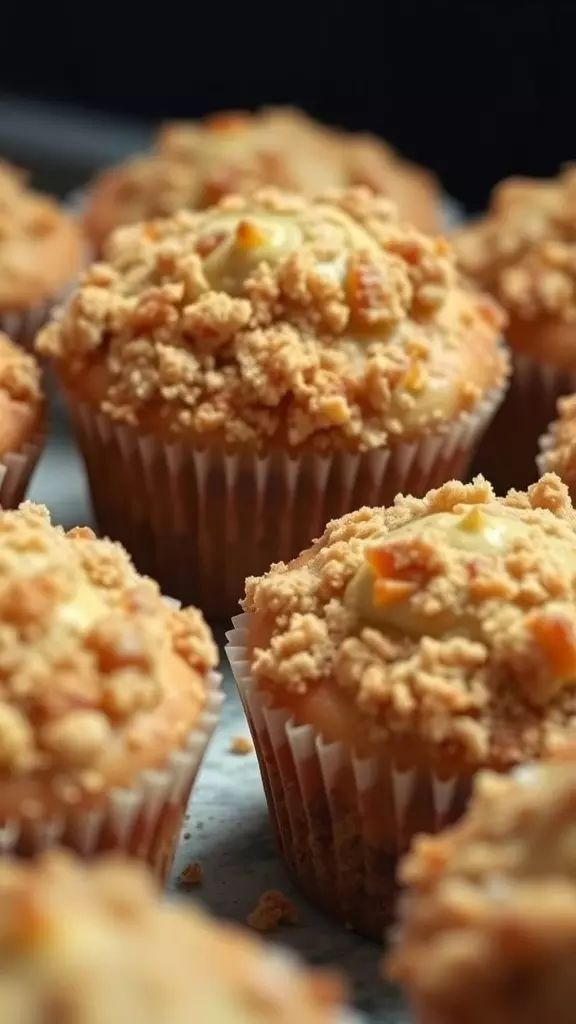 Close-up of freshly baked apple crumb muffins with a crumbly topping.