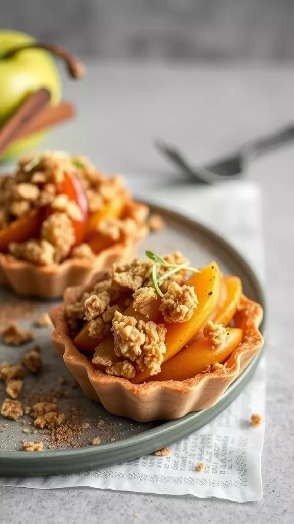 Close-up of apple crumble tartlets topped with oats on a grey plate