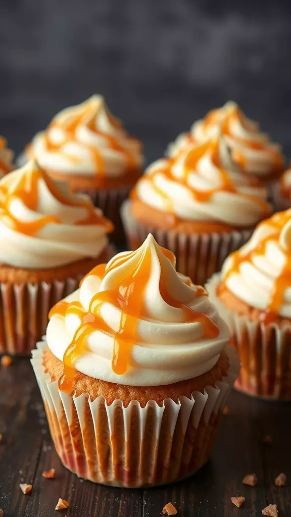 Delicious apple pie cupcakes with caramel drizzle on top.