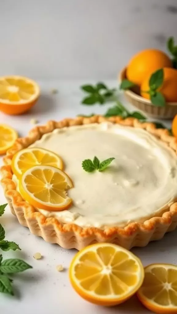 A refreshing Arizona Sunshine Pie with lemon slices and a flaky crust.