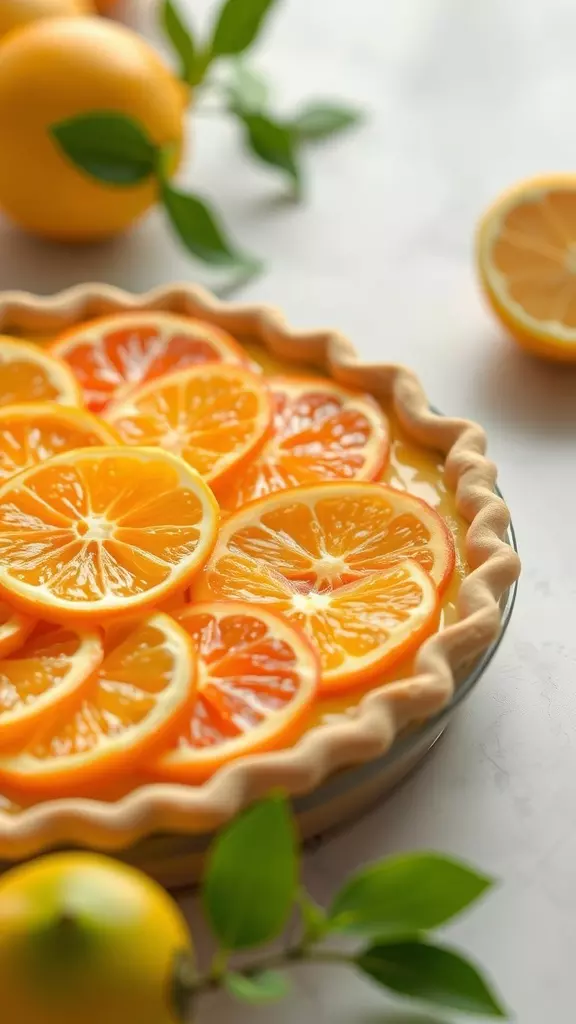 A vibrant pie topped with fresh lemon slices, showcasing a creamy filling and a golden crust, surrounded by lemons and green leaves.