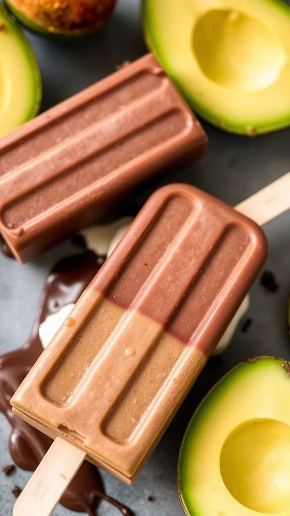 Avocado fudgesicles with a chocolate drizzle