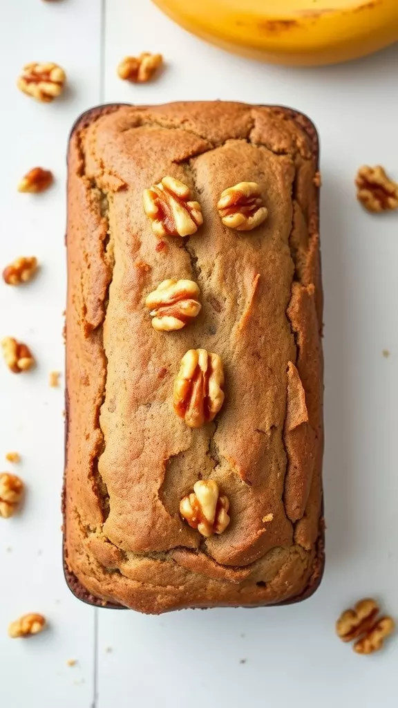 A loaf of banana bread topped with walnuts