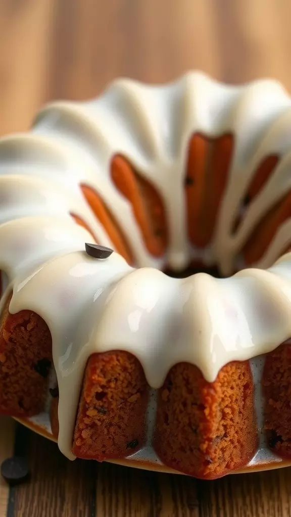 Close-up of a banana chocolate chip pound cake with white glaze and chocolate chips on top