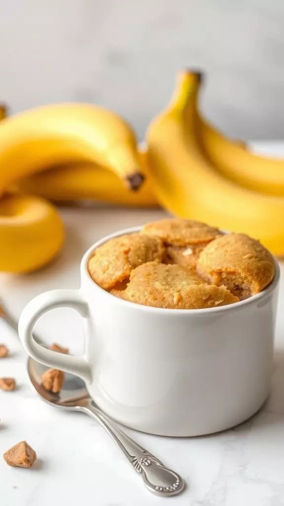 A delicious banana mug cake with fresh bananas in the background.