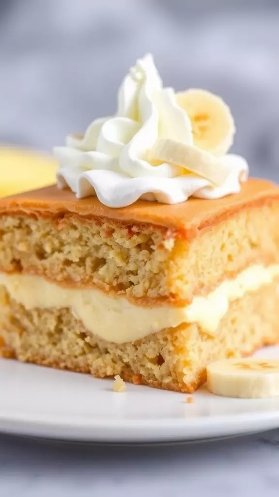 A slice of Banana Pudding Poke Cake topped with whipped cream and banana slices.