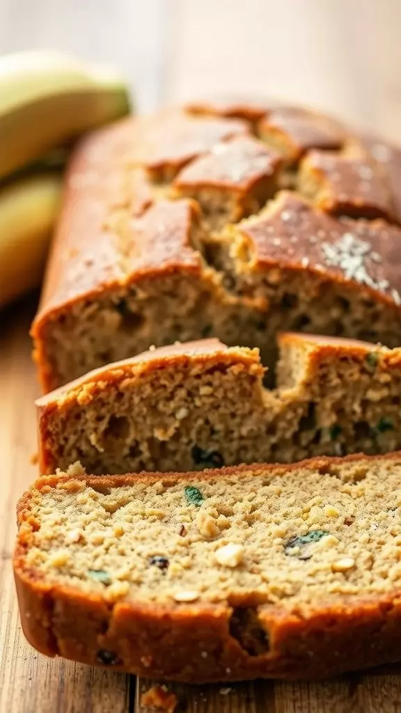 Loaf of banana zucchini bread sliced on a wooden table with bananas in the background