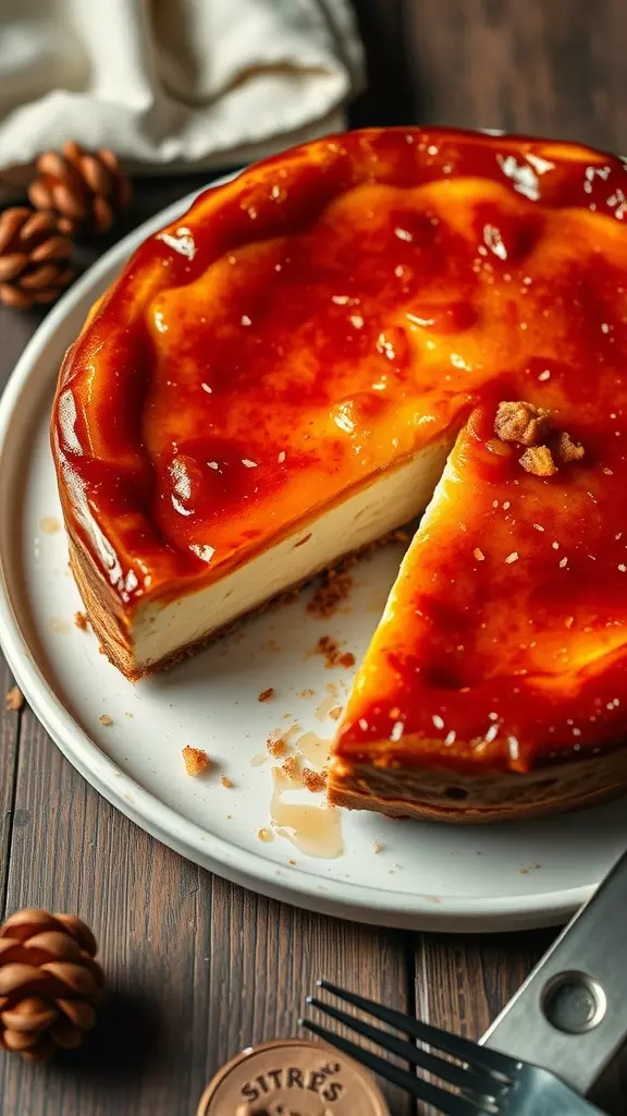 A delicious Basque Burnt San Sebastian Cheesecake with a caramelized top and a slice taken out.