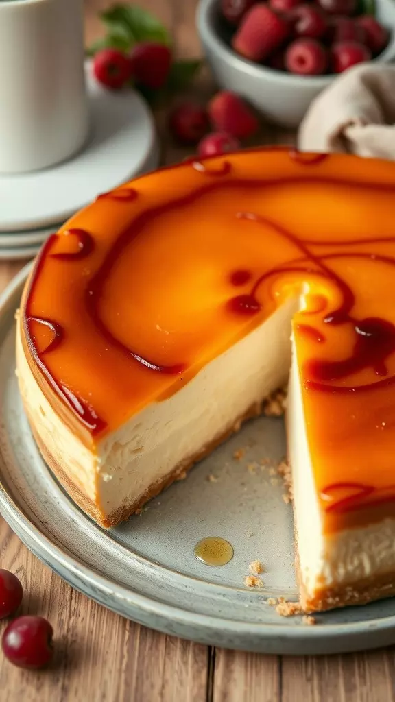 A slice of Basque cheesecake on a marble surface with berries and a cup of tea