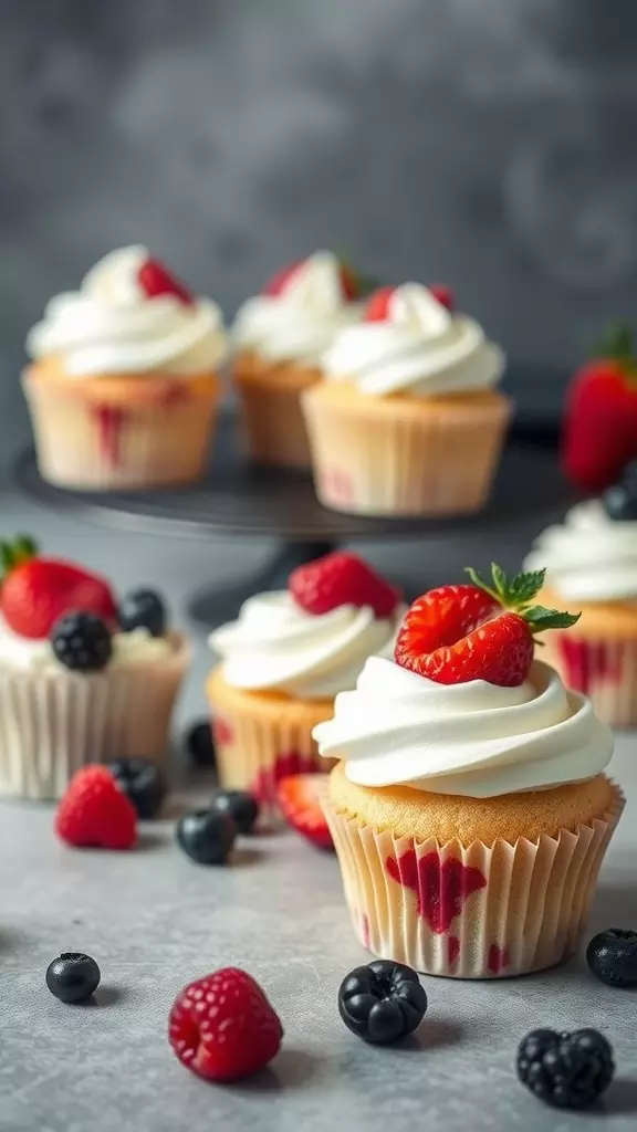 Delicious berry-filled vanilla cupcakes with frosting and fresh berries on top.