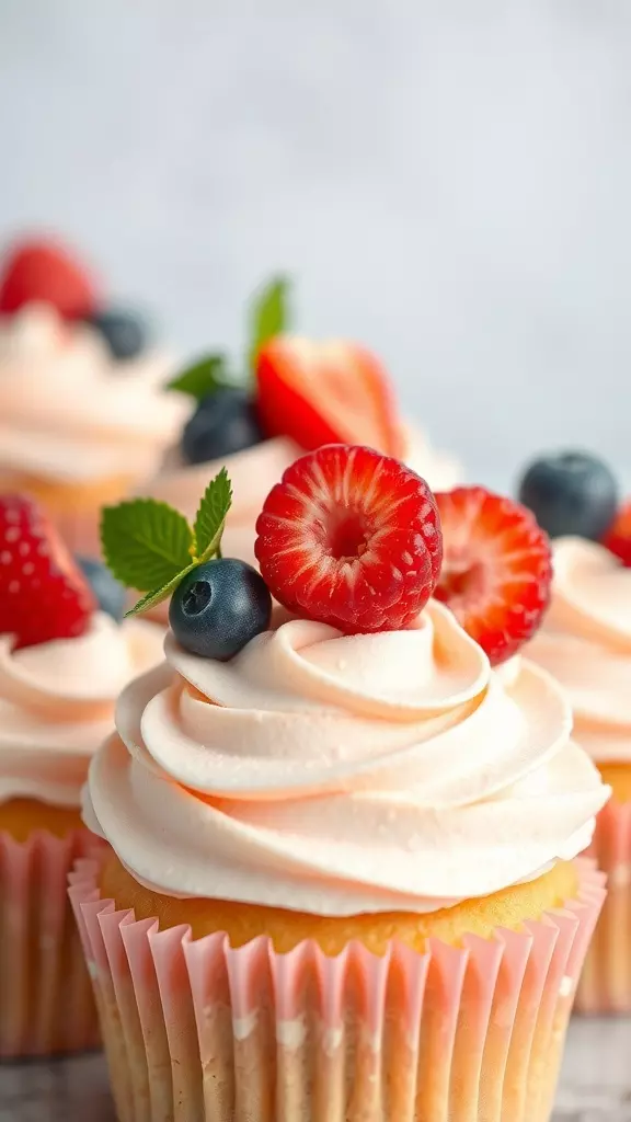 Close-up of berry cupcakes with frosting and fresh strawberries, blueberries, and raspberries on top.