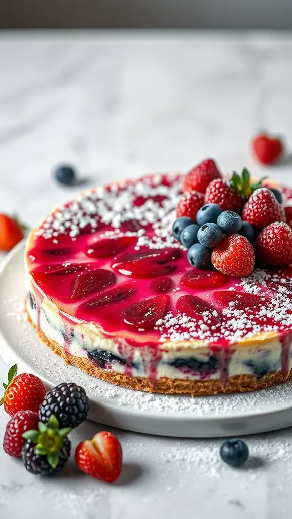 A beautiful berry delight cheesecake topped with strawberries, blueberries, and a glossy berry sauce.