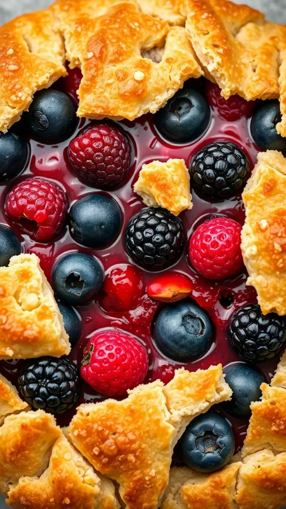 A close-up of a berry galette filled with blueberries, raspberries, and blackberries, with a golden crust.