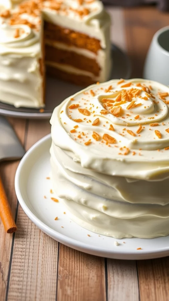 A beautifully decorated multi-layer carrot cake with cream cheese frosting and a slice removed.