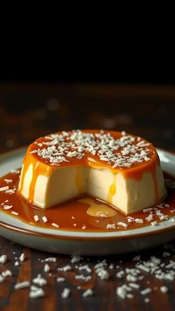 A beautifully plated coconut flan topped with caramel sauce and shredded coconut.