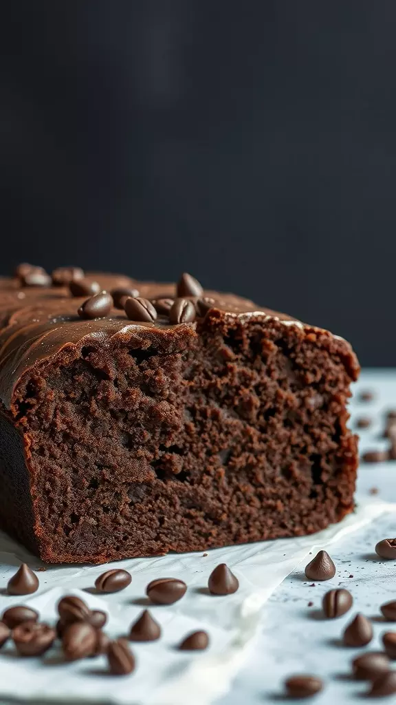 A sliced mocha loaf cake with chocolate chips sprinkled on top, showcasing its moist interior.