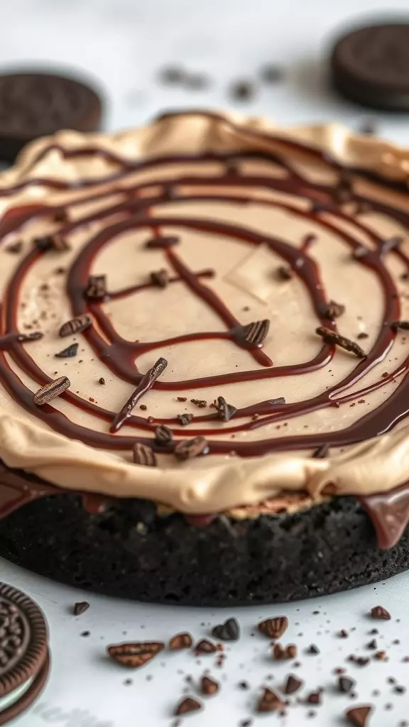 Close-up of a delicious Billy Miner Pie with an Oreo crust and chocolate drizzle