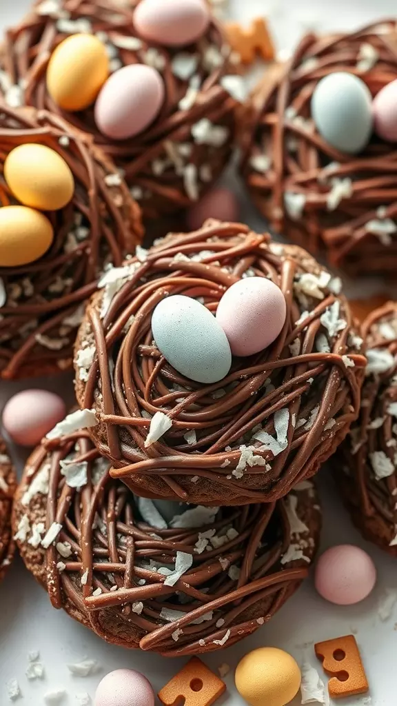 Close-up of Bird's Nest Cookies decorated with candy eggs