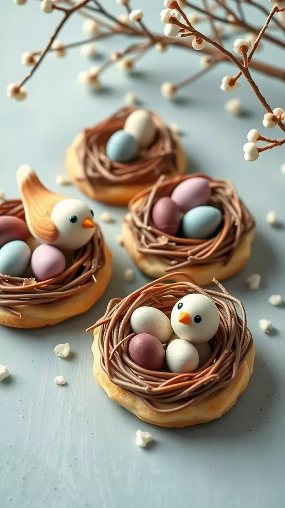 Bird's Nest Cookies with chocolate, coconut, and colorful candy eggs