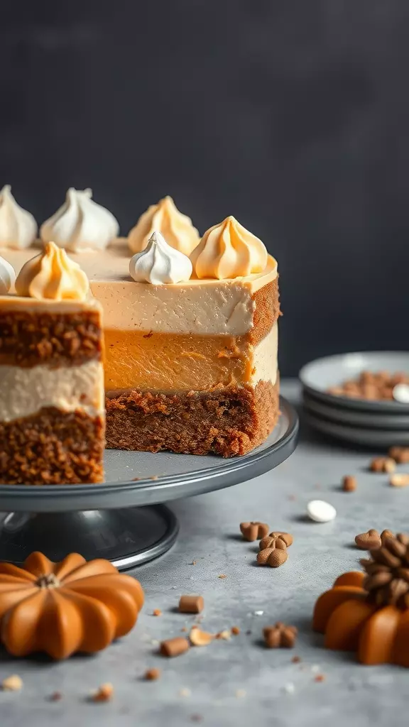 A beautifully layered Biscoff Blondie Bottom Pumpkin Cheesecake on a cake stand.