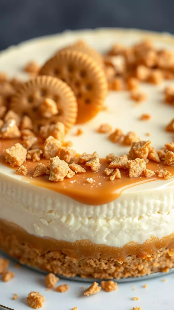 A close-up of a Biscoff cheesecake topped with caramel and crushed cookies.