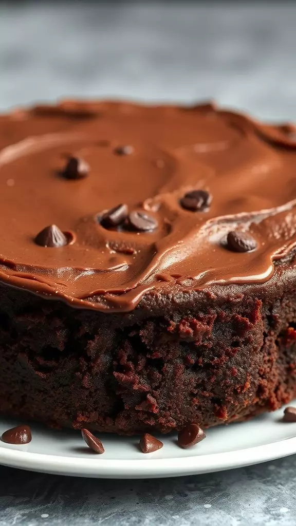 A close-up of a delicious chocolate cake with chocolate frosting and chocolate chips on top.