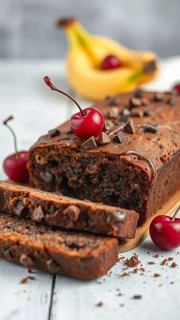 Sliced Black Forest Banana Bread topped with cherries and chocolate chips.