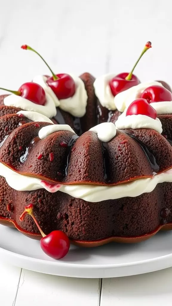 A delicious Black Forest Bundt Cake topped with whipped cream and cherries