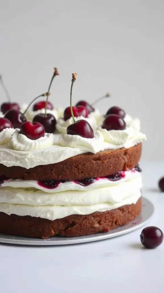 A delicious Black Forest Cake topped with cherries and whipped cream