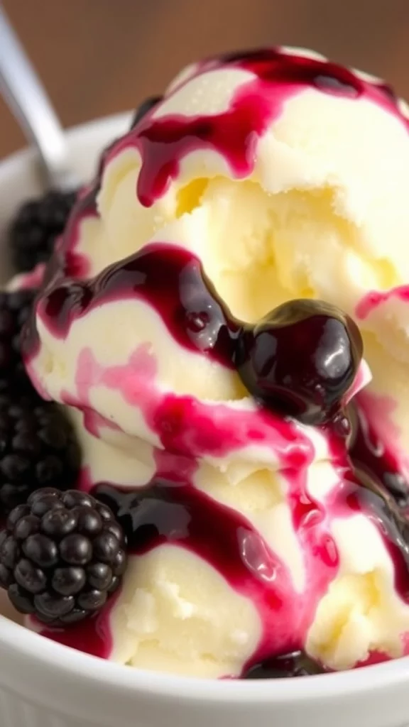 A scoop of blackberry and lemon ice cream drizzled with berry sauce and garnished with mint leaves.