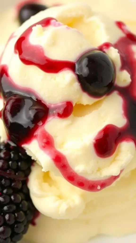 Close-up of creamy lemon ice cream swirled with blackberry sauce and topped with fresh blackberries